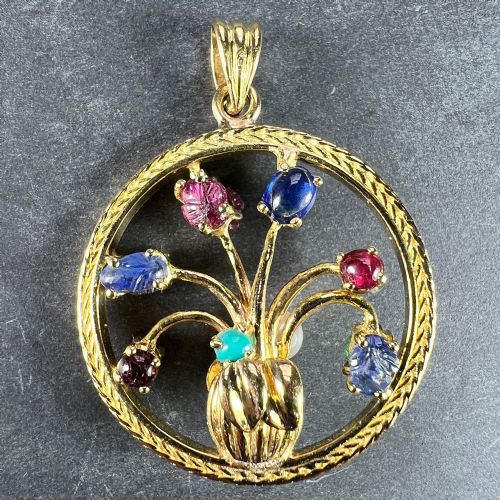 DOUBLE SIDED FLOWER VASE 18K YELLOW GOLD CARVED SAPPHIRE RUBY EMERALD PENDANT - ADDITIONAL PHOTO 2