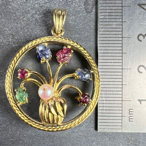 DOUBLE SIDED FLOWER VASE 18K YELLOW GOLD CARVED SAPPHIRE RUBY EMERALD PENDANT - ADDITIONAL PHOTO 11