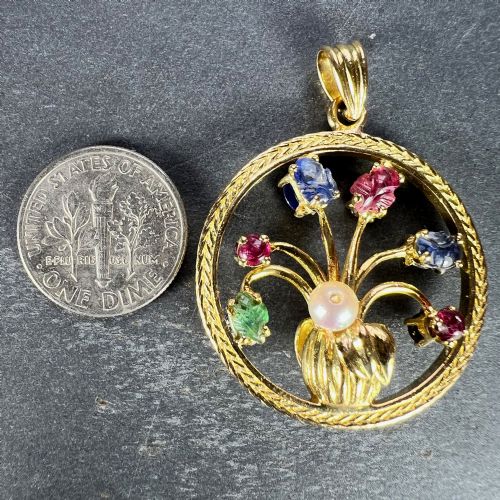 DOUBLE SIDED FLOWER VASE 18K YELLOW GOLD CARVED SAPPHIRE RUBY EMERALD PENDANT - ADDITIONAL PHOTO 12