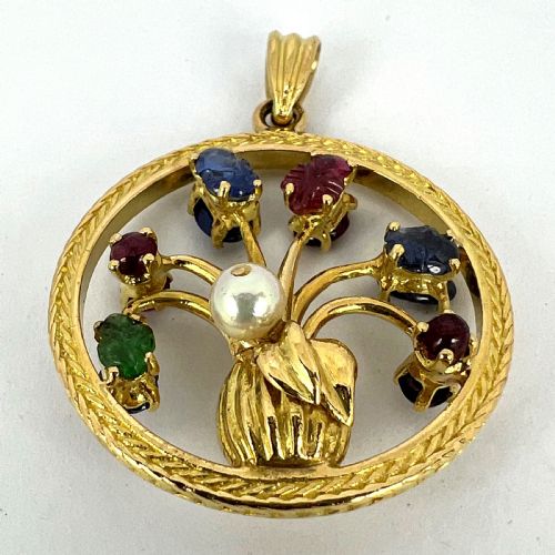 DOUBLE SIDED FLOWER VASE 18K YELLOW GOLD CARVED SAPPHIRE RUBY EMERALD PENDANT - ADDITIONAL PHOTO 13