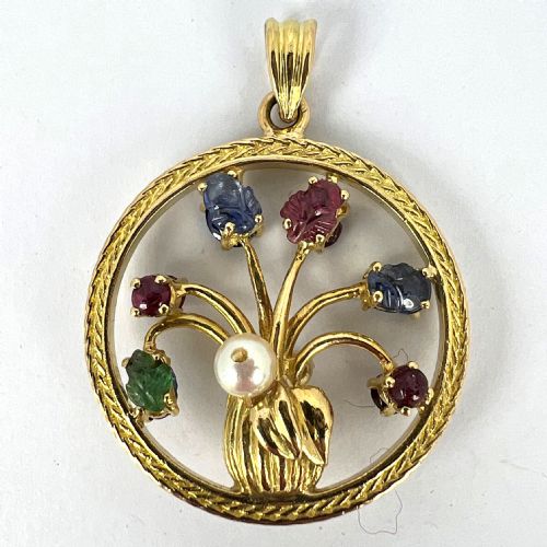 DOUBLE SIDED FLOWER VASE 18K YELLOW GOLD CARVED SAPPHIRE RUBY EMERALD PENDANT - ADDITIONAL PHOTO 14