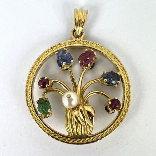 DOUBLE SIDED FLOWER VASE 18K YELLOW GOLD CARVED SAPPHIRE RUBY EMERALD PENDANT - ADDITIONAL PHOTO 15