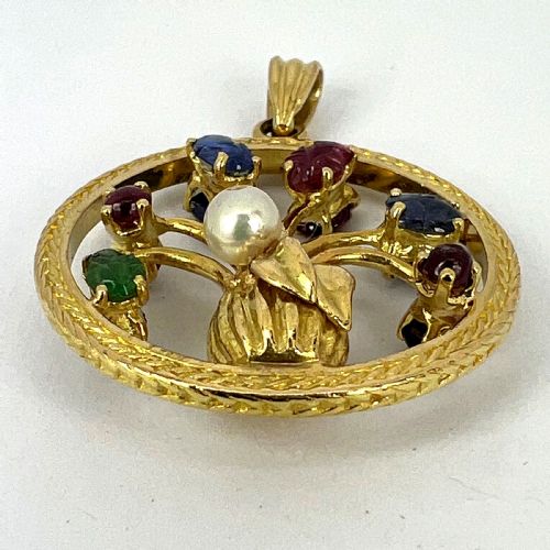 DOUBLE SIDED FLOWER VASE 18K YELLOW GOLD CARVED SAPPHIRE RUBY EMERALD PENDANT - ADDITIONAL PHOTO 16