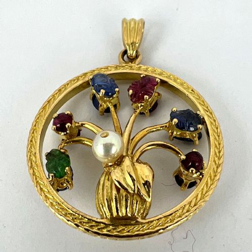 DOUBLE SIDED FLOWER VASE 18K YELLOW GOLD CARVED SAPPHIRE RUBY EMERALD PENDANT - ADDITIONAL PHOTO 17