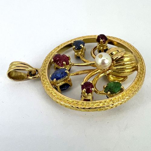 DOUBLE SIDED FLOWER VASE 18K YELLOW GOLD CARVED SAPPHIRE RUBY EMERALD PENDANT - ADDITIONAL PHOTO 18