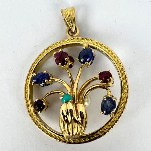 DOUBLE SIDED FLOWER VASE 18K YELLOW GOLD CARVED SAPPHIRE RUBY EMERALD PENDANT - ADDITIONAL PHOTO 19