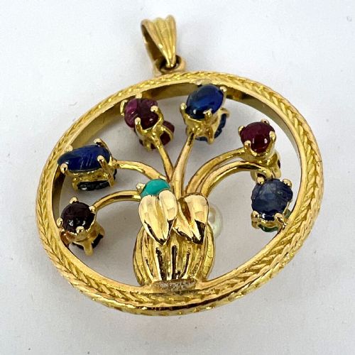 DOUBLE SIDED FLOWER VASE 18K YELLOW GOLD CARVED SAPPHIRE RUBY EMERALD PENDANT - ADDITIONAL PHOTO 20