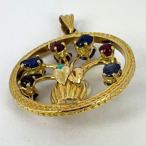 DOUBLE SIDED FLOWER VASE 18K YELLOW GOLD CARVED SAPPHIRE RUBY EMERALD PENDANT - ADDITIONAL PHOTO 21