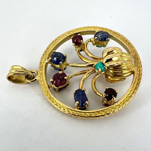 DOUBLE SIDED FLOWER VASE 18K YELLOW GOLD CARVED SAPPHIRE RUBY EMERALD PENDANT - ADDITIONAL PHOTO 22