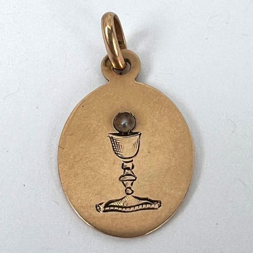 FRENCH HOLY CHALICE 18K ROSE GOLD PEARL MEDAL PENDANT - ADDITIONAL PHOTO 10