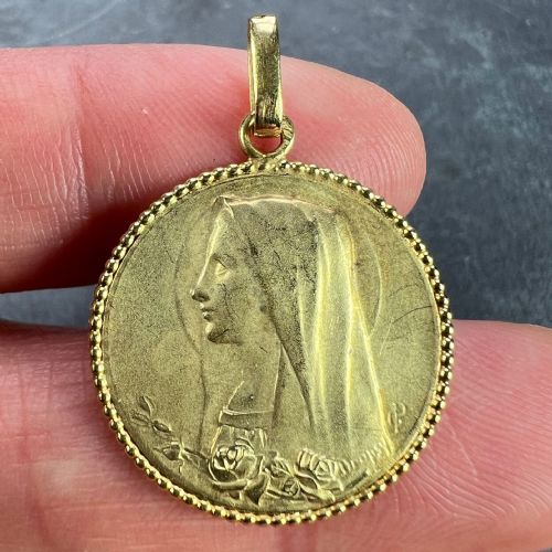 FRENCH DROPSY VIRGIN MARY 18K YELLOW GOLD MEDAL PENDANT - ADDITIONAL PHOTO 4