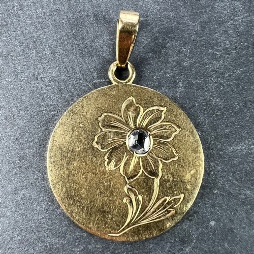 FRENCH DAISY MARGHERITE FLOWER 18 KARAT YELLOW GOLD DIAMOND CHARM PENDANT - ADDITIONAL PHOTO 1