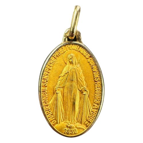 french augis virgin mary miraculous medal 18k yellow gold charm pendant - CATEGORY: ANTIQUE JEWELLERY - DATED 1950
