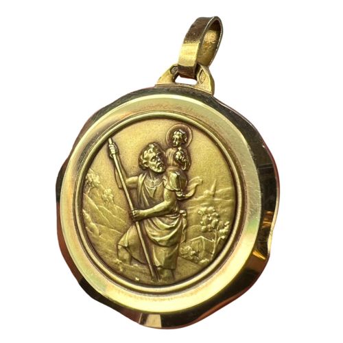 Large French Perriat Saint Christopher 18k Yellow Gold Pendant Medal