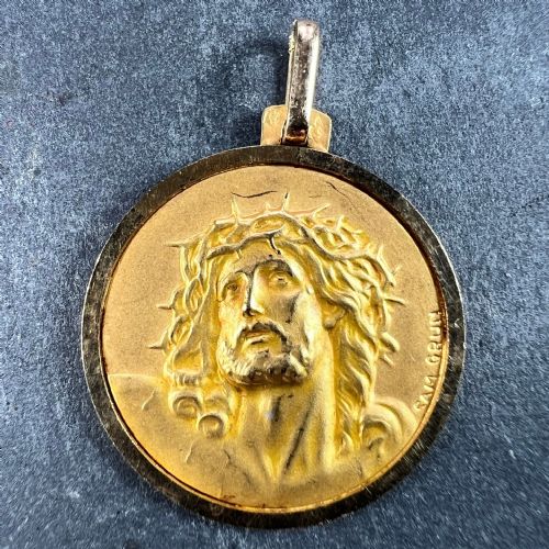 FRENCH GRN 18K YELLOW GOLD JESUS CHRIST CROWN OF THORNS MEDAL CHARM PENDANT - ADDITIONAL PHOTO 1
