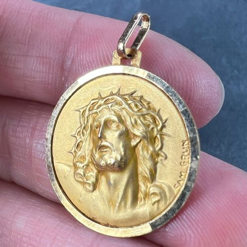 FRENCH GRN 18K YELLOW GOLD JESUS CHRIST CROWN OF THORNS MEDAL CHARM PENDANT - ADDITIONAL PHOTO 5