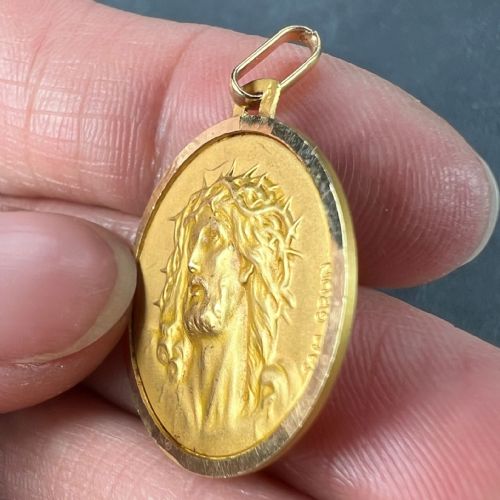 FRENCH GRN 18K YELLOW GOLD JESUS CHRIST CROWN OF THORNS MEDAL CHARM PENDANT - ADDITIONAL PHOTO 6