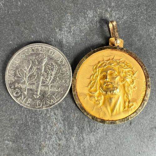 FRENCH GRN 18K YELLOW GOLD JESUS CHRIST CROWN OF THORNS MEDAL CHARM PENDANT - ADDITIONAL PHOTO 10