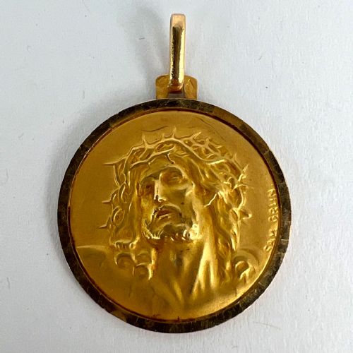 FRENCH GRN 18K YELLOW GOLD JESUS CHRIST CROWN OF THORNS MEDAL CHARM PENDANT - ADDITIONAL PHOTO 11