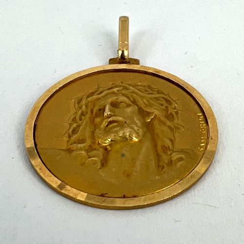 FRENCH GRN 18K YELLOW GOLD JESUS CHRIST CROWN OF THORNS MEDAL CHARM PENDANT - ADDITIONAL PHOTO 13