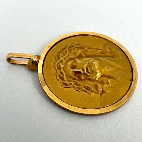 FRENCH GRN 18K YELLOW GOLD JESUS CHRIST CROWN OF THORNS MEDAL CHARM PENDANT - ADDITIONAL PHOTO 14