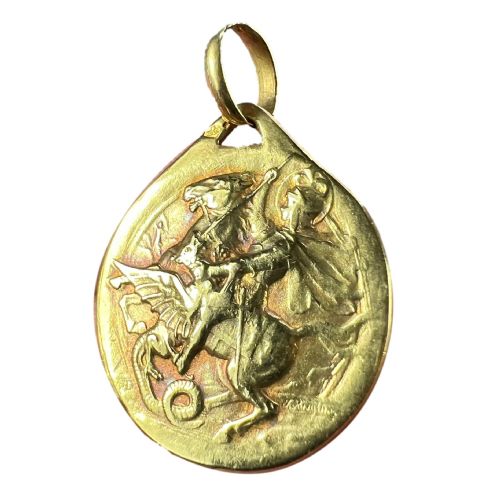 french rasumny st george tempestate securitas 18k yellow gold medal pendant - CATEGORY: ANTIQUE JEWELLERY - DATED 1920