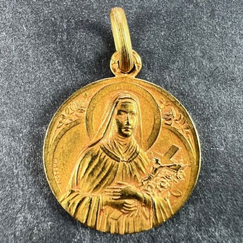 FRENCH MAZZONI 18K YELLOW GOLD ST THERESE MEDAL CHARM PENDANT - ADDITIONAL PHOTO 1