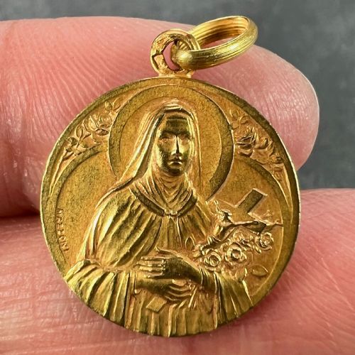 FRENCH MAZZONI 18K YELLOW GOLD ST THERESE MEDAL CHARM PENDANT - ADDITIONAL PHOTO 4