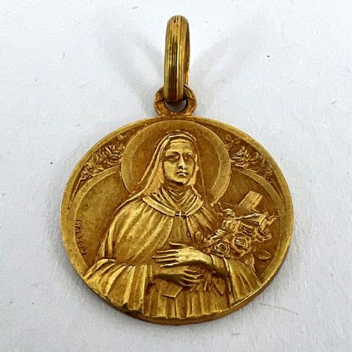 FRENCH MAZZONI 18K YELLOW GOLD ST THERESE MEDAL CHARM PENDANT - ADDITIONAL PHOTO 11