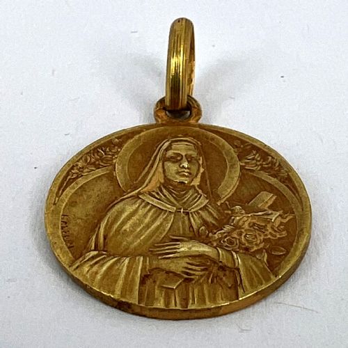 FRENCH MAZZONI 18K YELLOW GOLD ST THERESE MEDAL CHARM PENDANT - ADDITIONAL PHOTO 12