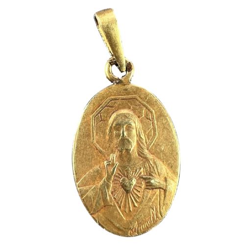 FRENCH ARNAULT MADONNA AND CHILD SACRED HEART 18K YELLOW GOLD MEDAL PENDANT