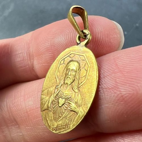 FRENCH ARNAULT MADONNA AND CHILD SACRED HEART 18K YELLOW GOLD MEDAL PENDANT - ADDITIONAL PHOTO 5