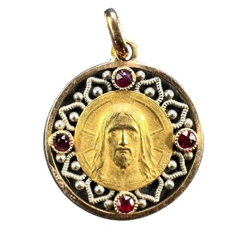 FRENCH VERNON JESUS CHRIST 18K YELLOW GOLD RUBY CHARM MEDAL PENDANT - ADDITIONAL PHOTO 1