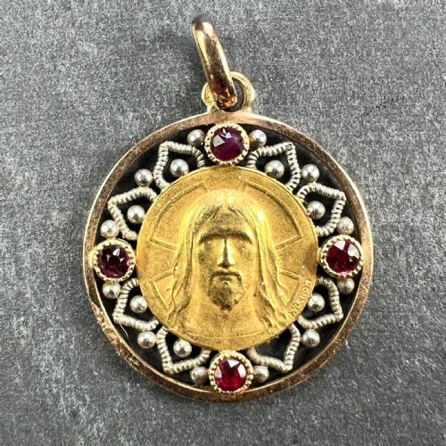 FRENCH VERNON JESUS CHRIST 18K YELLOW GOLD RUBY CHARM MEDAL PENDANT - ADDITIONAL PHOTO 2