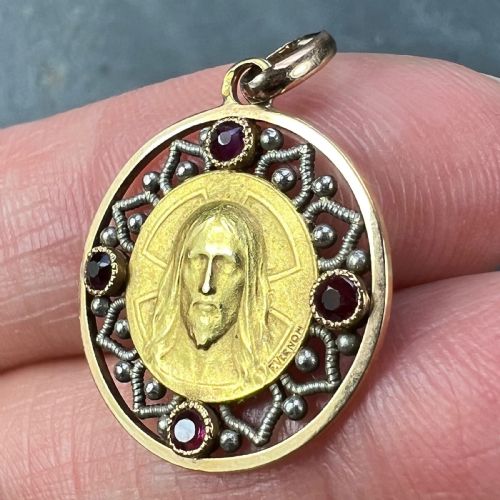 FRENCH VERNON JESUS CHRIST 18K YELLOW GOLD RUBY CHARM MEDAL PENDANT - ADDITIONAL PHOTO 6