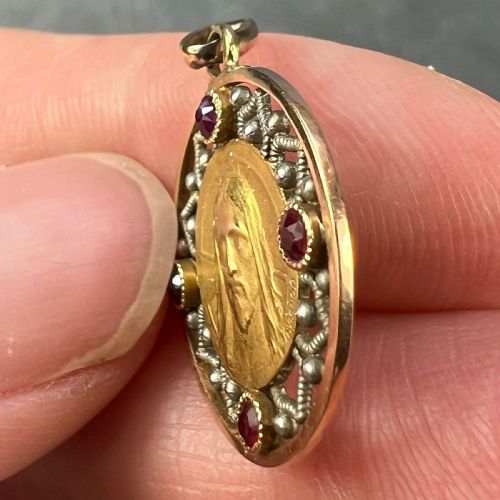 FRENCH VERNON JESUS CHRIST 18K YELLOW GOLD RUBY CHARM MEDAL PENDANT - ADDITIONAL PHOTO 7