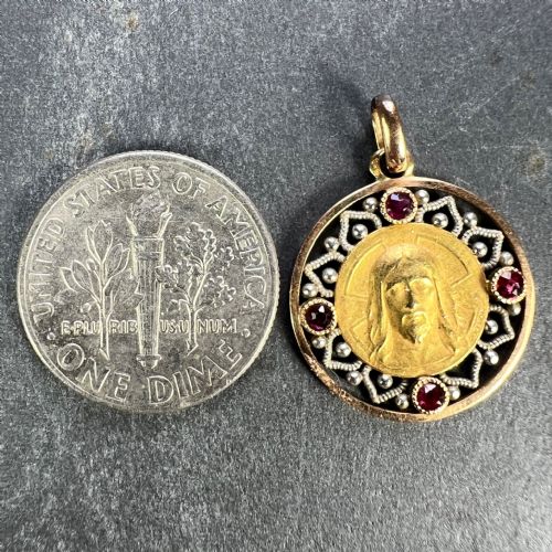 FRENCH VERNON JESUS CHRIST 18K YELLOW GOLD RUBY CHARM MEDAL PENDANT - ADDITIONAL PHOTO 11