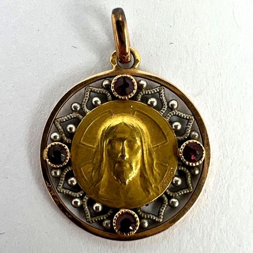 FRENCH VERNON JESUS CHRIST 18K YELLOW GOLD RUBY CHARM MEDAL PENDANT - ADDITIONAL PHOTO 12