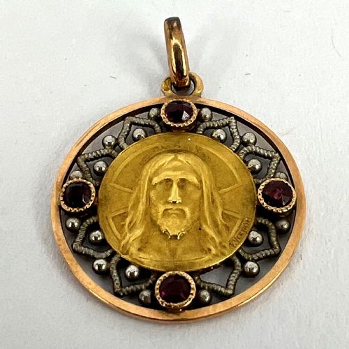 FRENCH VERNON JESUS CHRIST 18K YELLOW GOLD RUBY CHARM MEDAL PENDANT - ADDITIONAL PHOTO 13