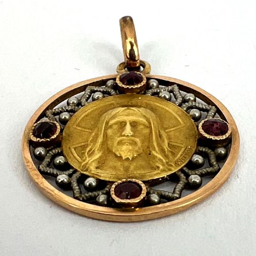 FRENCH VERNON JESUS CHRIST 18K YELLOW GOLD RUBY CHARM MEDAL PENDANT - ADDITIONAL PHOTO 14