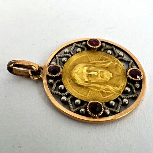FRENCH VERNON JESUS CHRIST 18K YELLOW GOLD RUBY CHARM MEDAL PENDANT - ADDITIONAL PHOTO 15