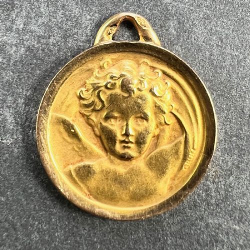 FRENCH GRUN RAPHAELS CHERUB 18K YELLOW GOLD MEDAL PENDANT - ADDITIONAL PHOTO 2