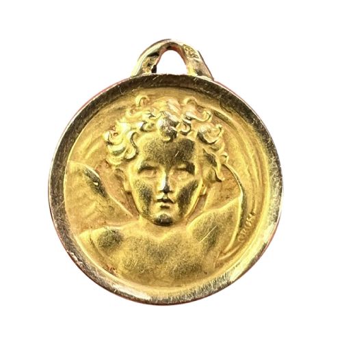 FRENCH GRUN RAPHAELS CHERUB 18K YELLOW GOLD MEDAL PENDANT