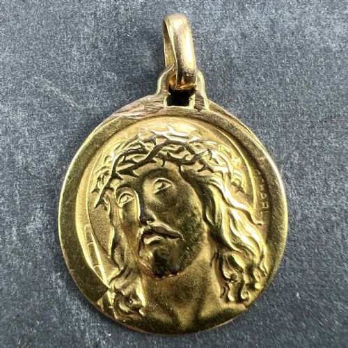 FRENCH CHARL 18K YELLOW GOLD JESUS CHRIST CROWN OF THORNS MEDAL CHARM PENDANT - ADDITIONAL PHOTO 1