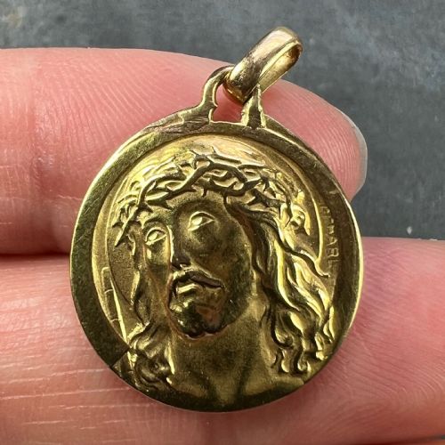 FRENCH CHARL 18K YELLOW GOLD JESUS CHRIST CROWN OF THORNS MEDAL CHARM PENDANT - ADDITIONAL PHOTO 4