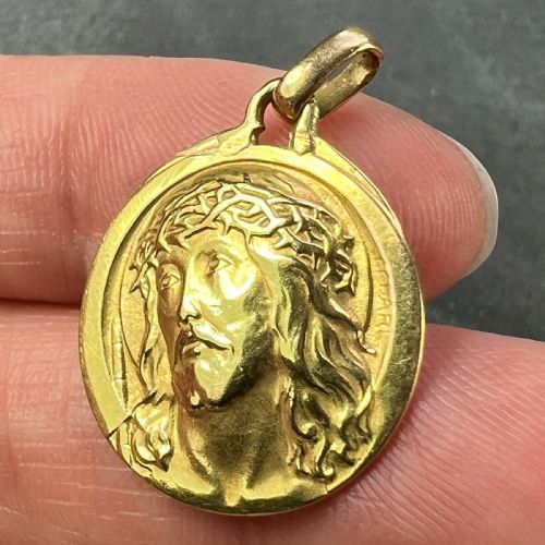 FRENCH CHARL 18K YELLOW GOLD JESUS CHRIST CROWN OF THORNS MEDAL CHARM PENDANT - ADDITIONAL PHOTO 5