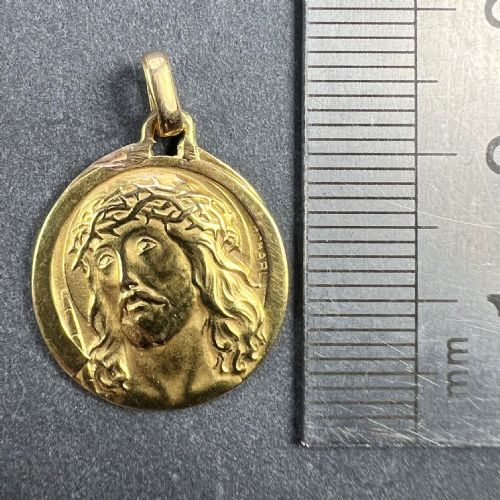FRENCH CHARL 18K YELLOW GOLD JESUS CHRIST CROWN OF THORNS MEDAL CHARM PENDANT - ADDITIONAL PHOTO 8