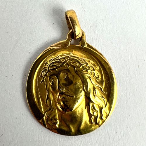 FRENCH CHARL 18K YELLOW GOLD JESUS CHRIST CROWN OF THORNS MEDAL CHARM PENDANT - ADDITIONAL PHOTO 9