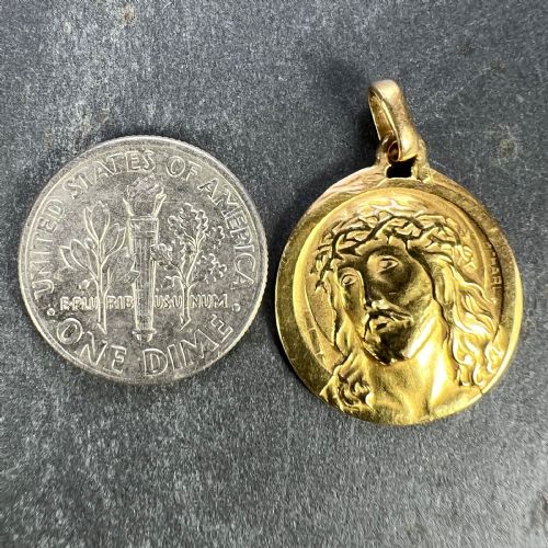 FRENCH CHARL 18K YELLOW GOLD JESUS CHRIST CROWN OF THORNS MEDAL CHARM PENDANT - ADDITIONAL PHOTO 10
