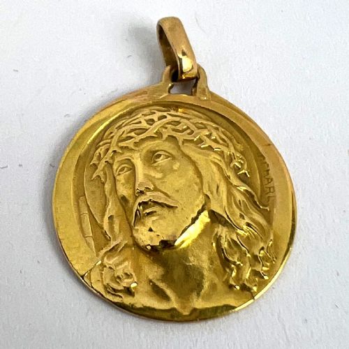 FRENCH CHARL 18K YELLOW GOLD JESUS CHRIST CROWN OF THORNS MEDAL CHARM PENDANT - ADDITIONAL PHOTO 11
